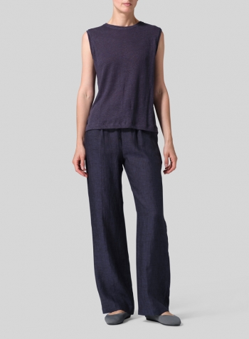 Dark Grayish Blue Linen Knit Sleeveless Crew Neck Tank Top Set