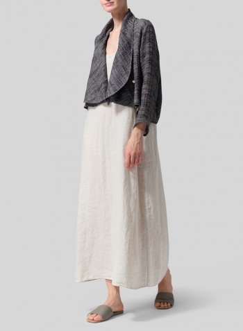 Charcoal Blend Stripe Linen Three-quarter Sleeve Shawl Collar Short Jacket