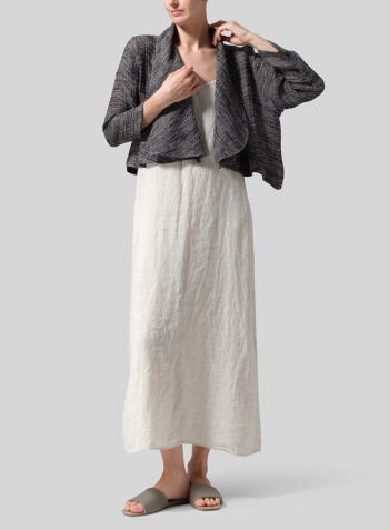 Charcoal Blend Stripe Linen Three-quarter Sleeve Shawl Collar Short Jacket