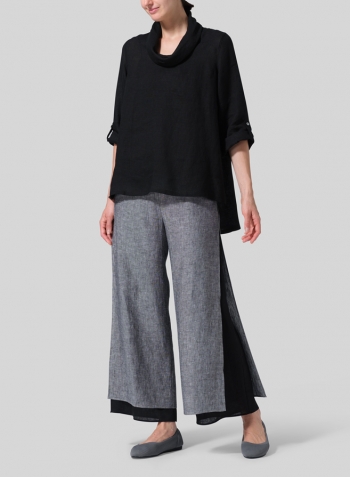 Black Lightweight Linen Cowl Neck Rolled Sleeve Loose Top