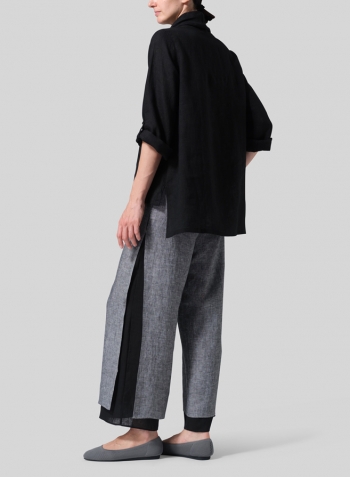 Black Lightweight Linen Cowl Neck Rolled Sleeve Loose Top