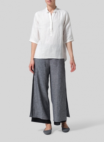 Ivory White Linen Simple Top with Small Shirt Collar