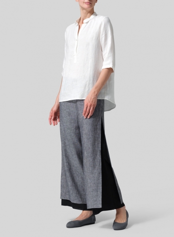 Ivory White Linen Simple Top with Small Shirt Collar