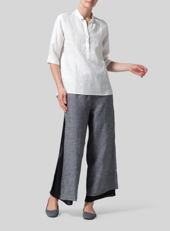 Ivory White Linen Simple Top with Small Shirt Collar