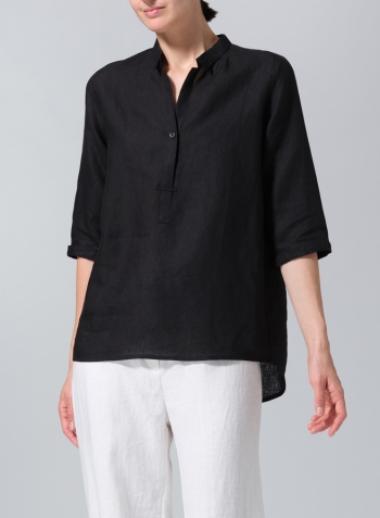 Black Linen Simple Top with Small Shirt Collar