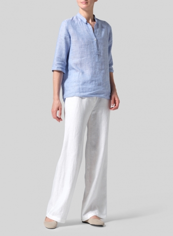Cornflower Blue Linen Simple Top with Small Shirt Collar