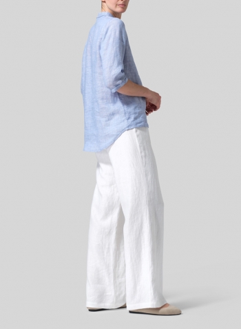 Cornflower Blue Linen Simple Top with Small Shirt Collar