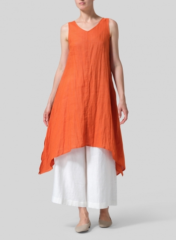 Orange Linen Sleeveless Crumple Effect Long Dress