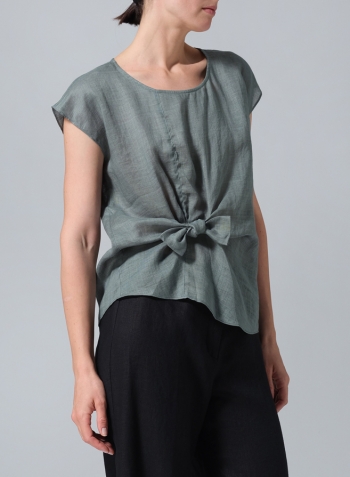Green Gray Linen Waist Self-tied Ribbon Top