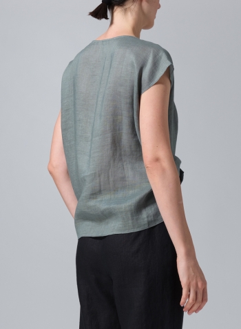 Green Gray Linen Waist Self-tied Ribbon Top