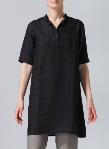 Black Linen A-line Tunic With Double-layer Collar