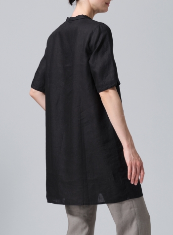 Black Linen A-line Tunic With Double-layer Collar