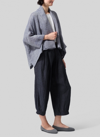 Two Tone Blue Gauze Linen Shawl Collar Open Front Cropped Jacket