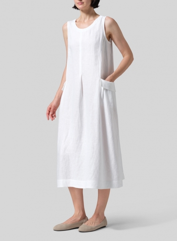 White Linen Loose-Fitting Double pockets Sleeveless Dress