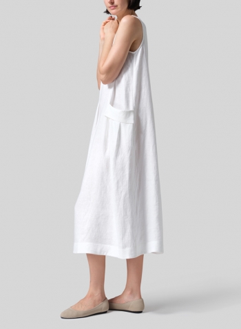White Linen Loose-Fitting Double pockets Sleeveless Dress
