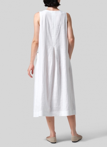White Linen Loose-Fitting Double pockets Sleeveless Dress
