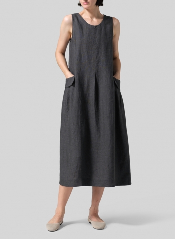 Dark Gray Linen Loose-Fitting Double pockets Sleeveless Dress