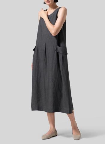 Dark Gray Linen Loose-Fitting Double pockets Sleeveless Dress