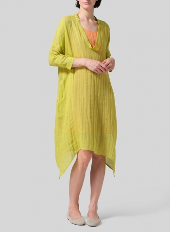 Woven Linen Roll Sleeve Deep V-neck Tunic Set