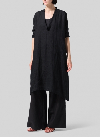 Black Woven Linen Roll Sleeve Deep V-neck Tunic
