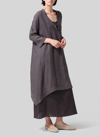Dark Charcoal Woven Linen Roll Sleeve Deep V-neck Tunic