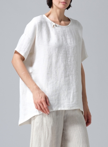 Lily White Jacquard Linen Relaxed Handmade Knot Buttons Top