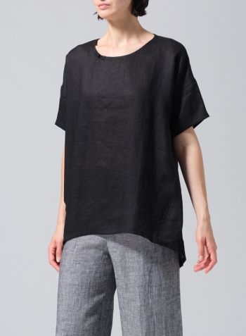 Black Linen Relaxed Handmade Knot Buttons Top