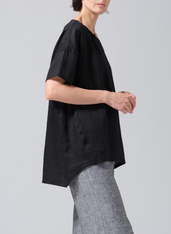 Black Linen Relaxed Handmade Knot Buttons Top