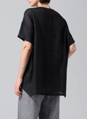 Black Linen Relaxed Handmade Knot Buttons Top