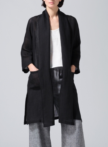 Black Linen Open-Front Shawl Collar Jacket