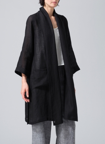 Black Linen Open-Front Shawl Collar Jacket