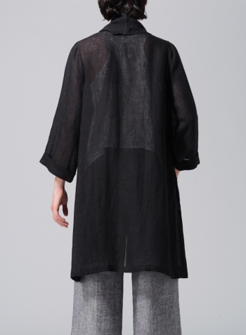 Black Linen Open-Front Shawl Collar Jacket