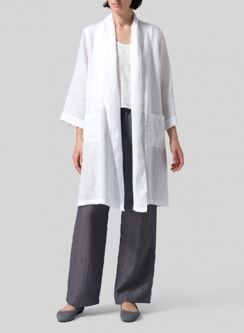 White Linen Open-Front Shawl Collar Jacket
