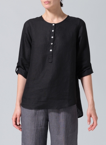 Black Linen Round Neck Half Button Mid-Length Top