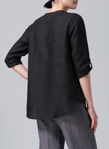 Black Linen Round Neck Half Button Mid-Length Top