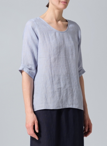 Light Pale Blue Linen Relaxed Scoop Neckline A-Shape Blouse