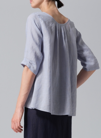 Light Pale Blue Linen Relaxed Scoop Neckline A-Shape Blouse