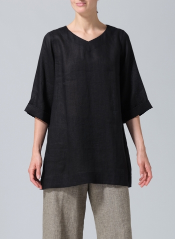 Black Linen Casual Loose-Fit V-Neck Midi Top