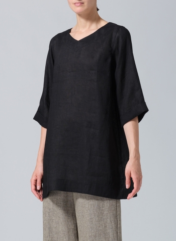 Black Linen Casual Loose-Fit V-Neck Midi Top