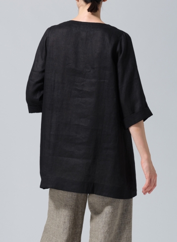 Black Linen Casual Loose-Fit V-Neck Midi Top