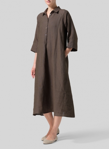 Dark Olive Brown Linen A line Shirt Dress
