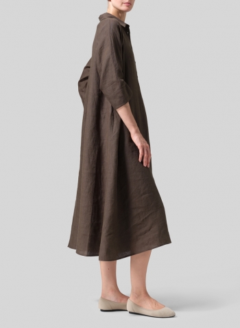 Dark Olive Brown Linen A line Shirt Dress