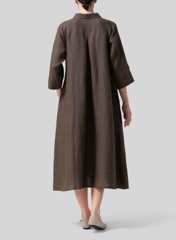 Dark Olive Brown Linen A line Shirt Dress