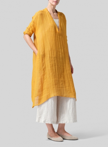 Pale Orange Woven Linen Roll Sleeve Deep V-neck Tunic