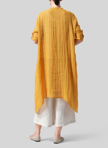 Pale Orange Woven Linen Roll Sleeve Deep V-neck Tunic