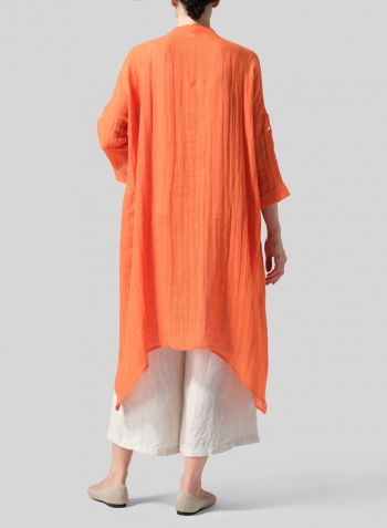 Orange Woven Linen Roll Sleeve Deep V-neck Tunic