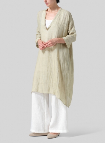 Pale Goldenrod Woven Linen Roll Sleeve Deep V-neck Tunic