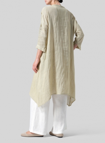 Pale Goldenrod Woven Linen Roll Sleeve Deep V-neck Tunic