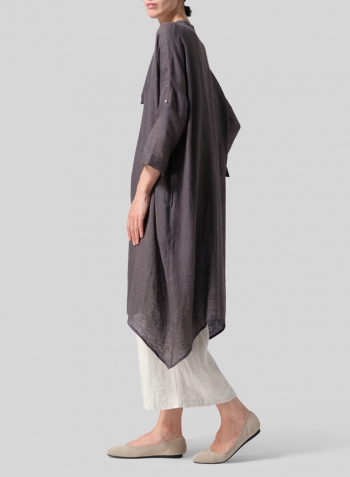 Dark Charcoal Woven Linen Roll Sleeve Deep V-neck Tunic