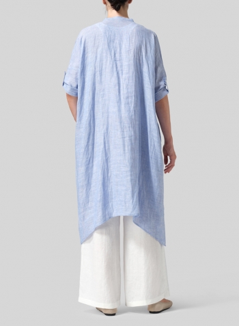 Cornflower Blue Linen Roll Sleeve Deep V-neck Tunic